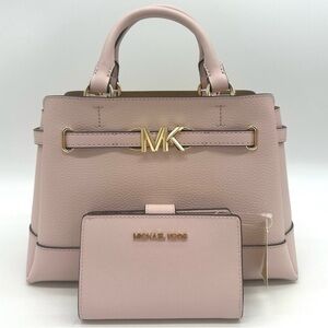 Michael Kors Reed Small Satchel Crossbody Bag & MD Bifold Zip Chain Wallet Pink